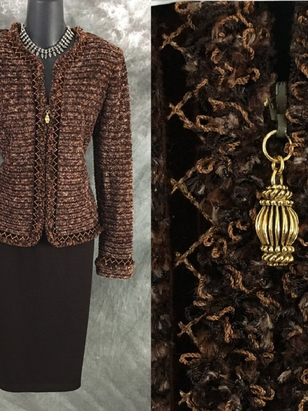 BEAUTIFUL St John couture knit brown tan fringe jacket skirt suit size 6